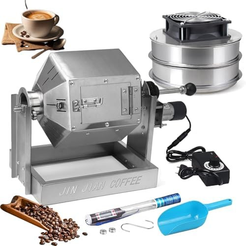 OFNHJK Torréfacteur à café de 3,8 L, torréfacteur à Tambour avec Refroidisseur et thermomètre de Grains de café, brûleur à gaz à Vitesse réglable, pour Usage Domestique et Commercial