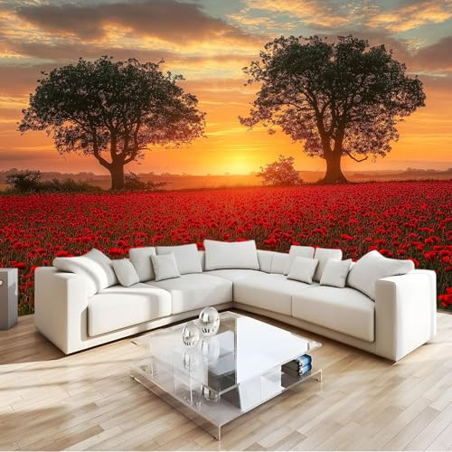 Papel Pintado 3D Fotografía Amanecer Amapolas Mural Sala de Estar Tv Sofá Fondo Tela de pared Hogar Pared Pintado Papel Tapiz TV 3D Decoración Dormitorio Fotomural Sala Mural 200 x 140 cm