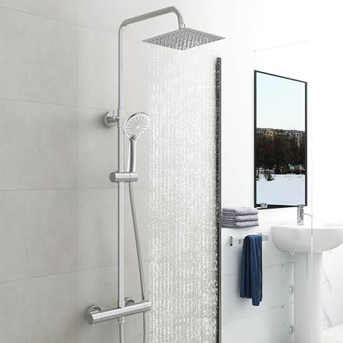 Sky Bathroom Thermostatic Bar Mixer Shower Set & System - Adjustable Height Riser Rail, 8” Rainfall Shower & 3 Modes Handheld Shower Head, Chrome Finish