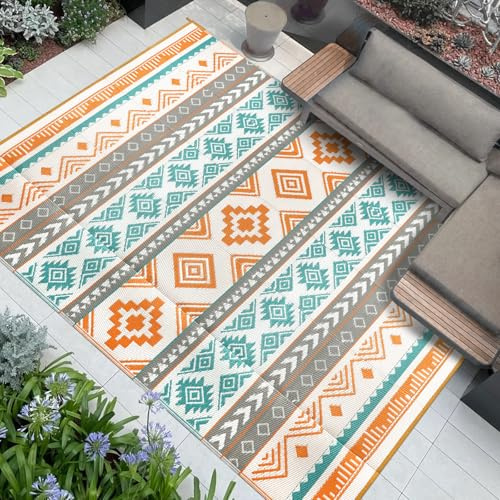 Famibay Outdoor Teppich Wetterfest Balkon Teppich Wasserfest Outdoor Camping Leicht Plastik Kunststoff Wendbar Faltbar für Terrasse Garten BBQ Picknick Deck