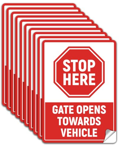 WADORN 10Pcs Stop Here Gate Opens Towards Vehicle Sign Sticker, PVC Waterproof Stop Here Wait for Gate to Open Warning Stickers Decal for Business Self Adhesive Sign for Outdoor, 5.1x7.1 Inch