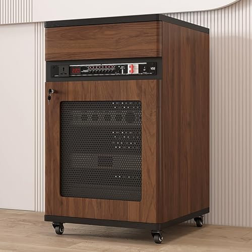 JIAOCKJIAO Phonoschrank, Stereoschrank mit Schublade, Audio Rack Hi Fi Regal mit Kabelloch, Bewegliches Record Player Stand mit Türschloss, mit Verstellbaren Regalen(Brown,52x55x90CM)