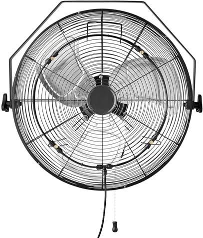 Amazon Basics 18 Outdoor Heavy-Duty Misting Fan, Wall-Mounted, Industrial, Waterproof (IP44), With Tilt Head, Metal Blades, Dual Ball Bearing Motor, 3 Speeds Up to 1550 RPM and 3781 CFM, Black