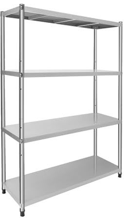 Metallregal Lastenregal 4 Böden Schwerlastregal Metallböden Werkstatt Regal Metall Gastro Lagerregal Edelstahl Standregal für Küche, Abstellraum, Garage (120x40x150cm)