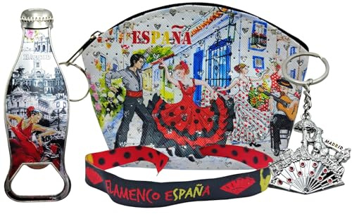 Porte-monnaie Flamenco en tissu avec décapsuleur, porte-clés et bracelet en tissu brodé. Motifs joyeux d'Espagne et de flamenco., Flamenco Street Bouteille Noir, Classique