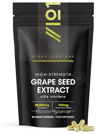 Grapeseed Extract 20,000mg - Standardised 95% OPC Proanthocyanidins - Made with Italian Vineyard Grapes - 90 Vegan Capsules (3 Months Supply) - Resealable and Recyclable Pouch by Alpha01