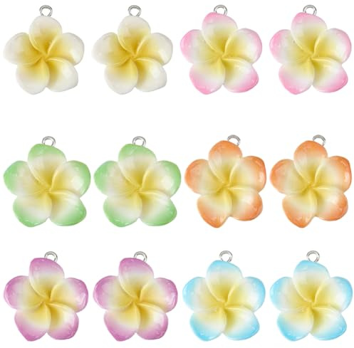 SUNNYCLUE 1 Box 24 Stück 6 Farben Frangipani Blüten Anhänger Florale Harzanhänger Lose Hawaii Sommer Frühlingspflanzen Anhänger Mit Schlaufe Für Die Schmuckherstellung Halsketten Armbänder Ohrringe DI