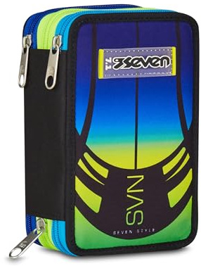 Seven Schulmäppchen mit 3 Reißverschlüssen Nuanced, Blau, Federmäppchen, Dreifachfach mit Stiften, Bleistiften, Farben, Zubehör Rucksack, Grundschule, Kinder