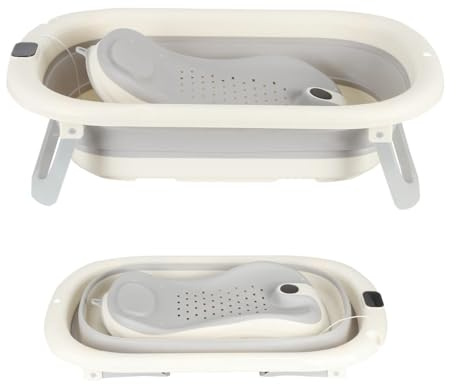 OHMG 🚗 Babybadewanne, faltbar, Babybadewanne mit Digital-Thermometer, Badewannenkissen, zusammenklappbar, kompakt, tragbar mit Ablagefach (A-Grau, 43 x 71 x 18,5 cm)