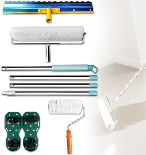 WUDLEP Self-Levelling Cement Tool Kit, Epoxy Floor Paint Tools Including Stainless Steel Scraper Self-Leveling Rake, Floor Construction Roller Spike Shoes, with 1.6m Removable Long Extended Handle