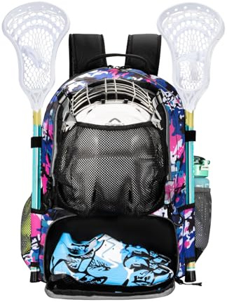 BAIXIXIG Lacrosse Bag for Kids and Youth, Lacrosse Backpack with Helmet Holder and Shoes Compartment, Waterproof Field Hockey Gears Bag for Boys & Girls, Pink