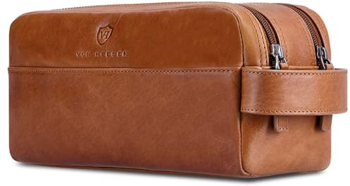 VON HEESEN Kulturbeutel Leder Kulturtasche für Herren & Damen - Echtleder Necessaire ideal zum Reisen - Waschtasche und Kosmetiktasche mit Zwei Hauptfächern Cognac-braun, groß