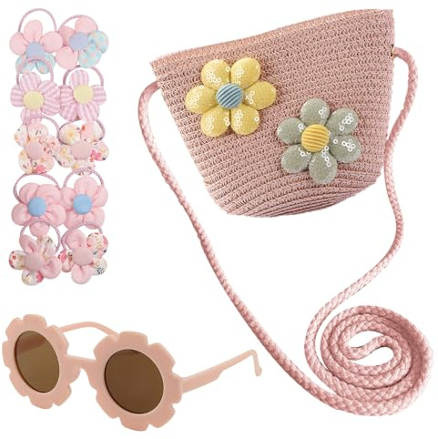 DAVBNM Cute Floral Straw Crossbody Bags Girl Shoulder Bag Girls Handbags Toddler Handbag, Braided Floral Princess Bag Woven Straw Bags + Flower Sunglasses & Floral Headbands for Shopping School Travel
