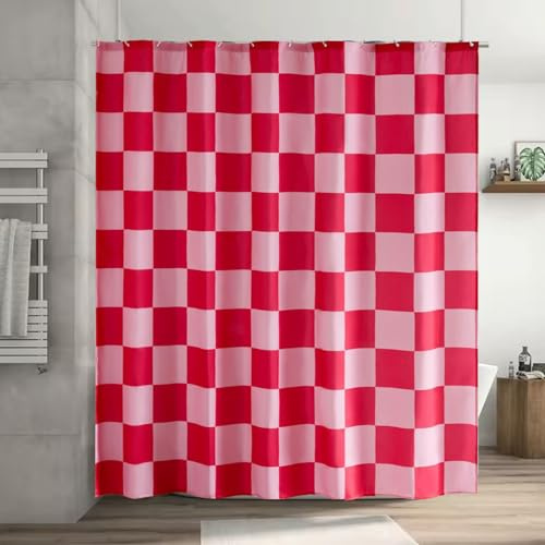 Duschvorhang 180×180cm - Karierter Badevorhang Anti Schimmel Waschbar Wasserdichter Schnelltrocknend für Badewanne mit 12 Haken Retro Schachbrett Shower Curtain Polyester Textil Vorhang (Rot & Pink)
