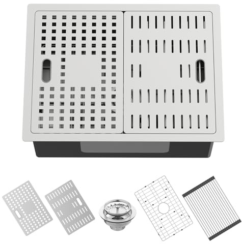 24x18 Inch Kitchen Sink With Dual Cover-Stainless Steel Undermount Single Bowl Kitchen Sink Built-in Ledge Drop In Workstation Sink Fully Covering Sink To Create Temporary Workspace/Drainage Area