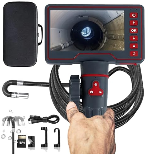 HOUTIAXDYT Aggiornamento Telecamera Endoscopica Endoscopio Industriale - 5 Pollici HD Schermo LCD Sonda Telecamera 8,5mm IP67 Impermeabile Boroscopio Snake a 180° a due vie, 8 LED Cavo Semirigido (3m)