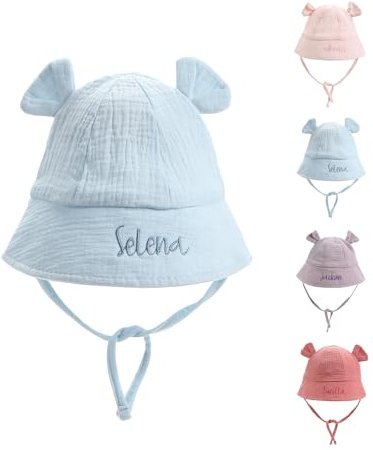 Grovjewfit Personalisierter Baby Sonnenhut Baumwoll Fischerhut mit Namen und Kinnband Süßer Eimerhut mit Bärenohren für Babys Kleinkinder Jungen Mädchen Sommer Geschenk
