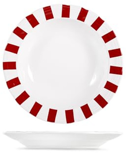 H&H Set 6 Piatti Fondi Rubino in Stoneware – Ø 20 cm – Decorazione Righe Bianche e Rosse – Lavabili in Lavastoviglie e Utilizzabili in Microonde, Design Natalizio