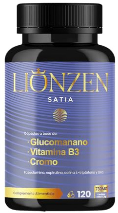 Glucomanano +12 ingredientes efecto Saciante y Control de apetito | Cromo, L-Triptófano, Espirulina, Canela, Vitamina B3, Cayena, Raíz de Konjac | 120 cápsulas | LIONZEN SATIA
