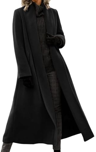 Wintermantel für Damen, klassische lange Jacke mit Reverskragen, offener Vorderseite und Gürtel, lässige Oberbekleidung