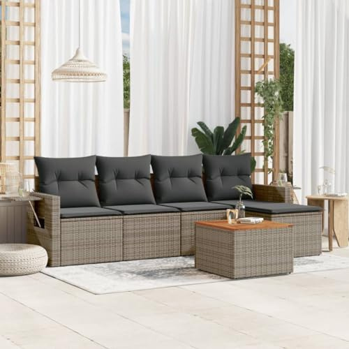 Bucmath 6-TLG. Garten-Sofagarnitur, Grau Poly Rattan Loungeset, mit Kissen, klappbaren Ablagen, Akazienholz-Tischplatte, UV-beständig, für Terrasse, Balkon, Outdoor-Entspannung