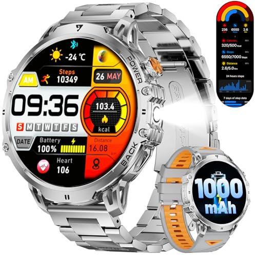 LIGE Militär Smartwatch Herren - 1000 mAh/1,85 HD Großes Touchscreen/LED-Licht, Fitnessuhr mit 110+ Sportmodi, Herz-/Schlaftracking,2 Armbändern,IP68 wasserdicht, Sportuhr für iOS/Android, Silbernes