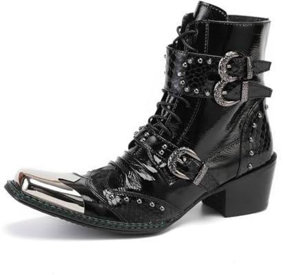 Yhsdfcn Herr Kängor i Svart Läder med Metalltåhätta och Spännen - Hög Topp Biker Stil,Black,46 EU