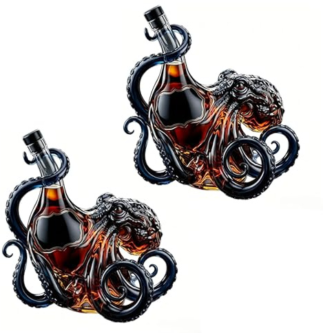 Decanter in vetro 3D a forma di polipo, edizione rum, bottiglia nautica per whisky, rum, vino, design con tentacoli scolpiti, decorazione per casa, bar, scaffali, espositori e regali (2 pezzi)
