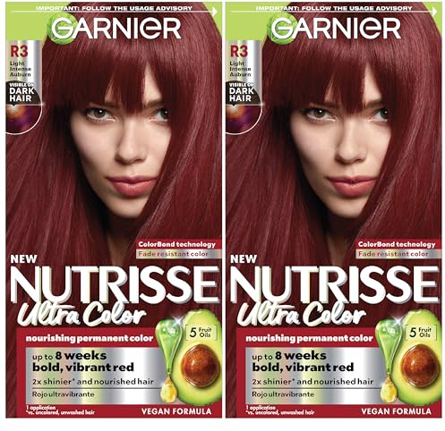 Garnier Nutrisse Ultra Color Hair Color, Permanent Hair Dye for Up to 8 Weeks of Bold, Vibrant, Fade-Resistant Results, Vegan & Cruelty-Free, R3 Light Intense Auburn (Red Hibiscus), 2 Count
