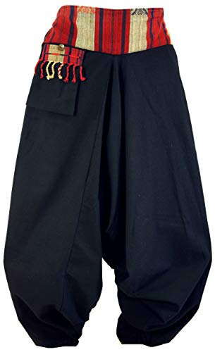 GURU SHOP Haremshose, Thai Pluderhose, Goahose mit Webbund, Fransentasche - Schwarz, Damen, Baumwolle