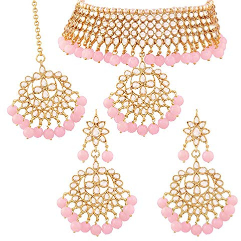 Aheli Indian Traditional Maang Tikka with Kundan Necklace Earrings Set Ethnic Designer Jewelry for Women