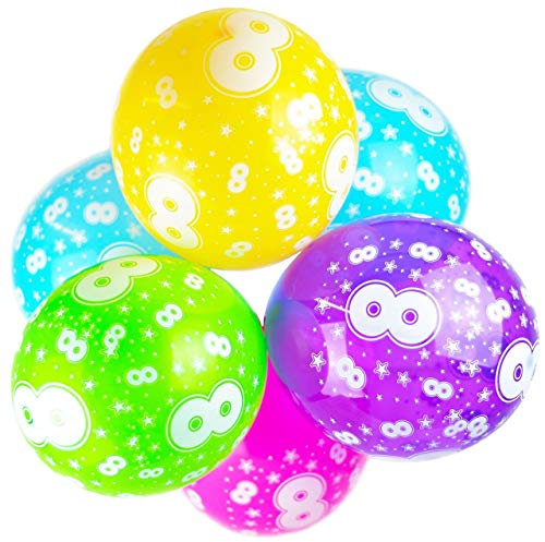 Happium 8th Birthday Balloons, 12 Multicoloured Numbers Printed Latex Age Balloons Digit 8 for Girls Boys 8 Year Old Decorations, 8th Anniversary Party (Pack of 10)