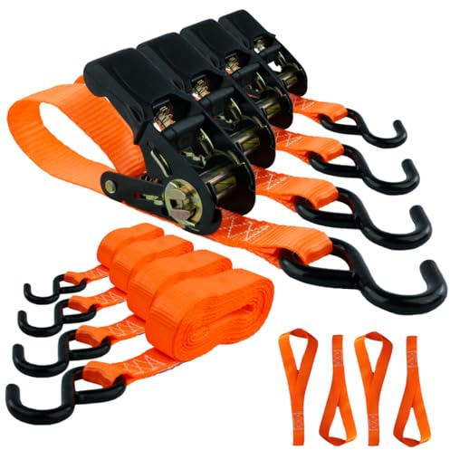 Spanngurte mit Ratsche und Haken 4er Set, 25mm breit 4,5m lang, bis 800kg, Spanngurt-orange, Zurrgurte für Ladungssicherung, Spanngurte Haken, Gurtband, Spanngurt 4,5m