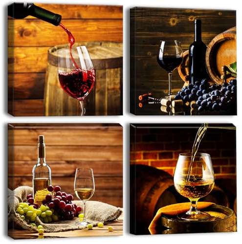 Artscope Stampe e Quadri su Tela 4 pz. Vino Romantico Immagine Fotografia Murale Tela Wall Art Bel Regalo per Home Decor Ristorante Cucina Regalo di Anniversario Compleanno 30x30CM