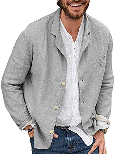 Blazer décontracté à trois boutons en coton et lin pour homme - Couleur unie, gris, XXL