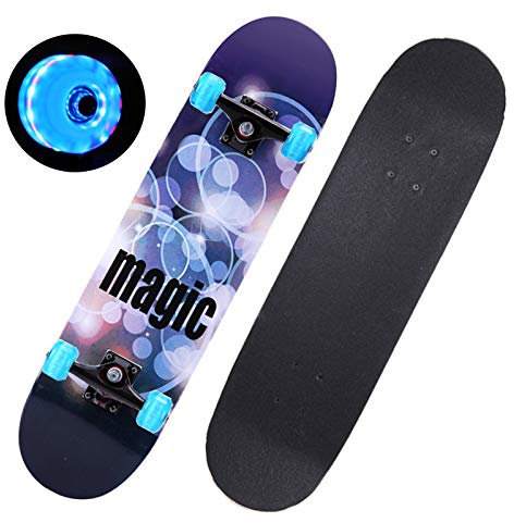 Standard Skateboard 31x 8 Komplettes Skateboard mit LED-Blinkrädern, 7-Lagigem Maple Double Kick Concave Deck Outdoor-Skateboard für Kinder, Mädchen, Jungen, Teenager und Erwachsene,Bubble