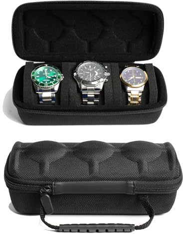 RIGICASE 3 slots watch travel case roll, Hard watch carry case roll display storage organizer box for men and women with soft foam pillows snug fit all size watches up to 60mm face