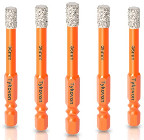 Tykovon 5 Pcs 6mm Diamond Drill Bits, Porcelain Tile Drill Bit, Hex Shank Diamond Dry Drill Bits Sets for Granite, Ceramic, Marble, Tile Stone, Glass, Hard Materials