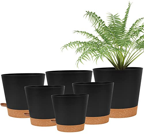 wintfarm Indoor Plant Pot, 6 Pack Self Watering Pots, 8/7/6.5/6/5.5/5 Inch Plastic Plant Pots Indoor, Modern Self-Watering Planters For Plants, Flower Pots With Drainage Holes And Trays(Black)