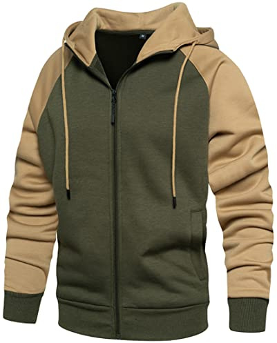 PADOLA Hombre Sudadera con Capucha Bloque de Color Hoodie con Cremallera Empalme Sudadera Manga Larga Color Block Chaqueta con Forro Polar Sudadera Deportiva Básica con Bolsillo (XXL, Marrón Verde)
