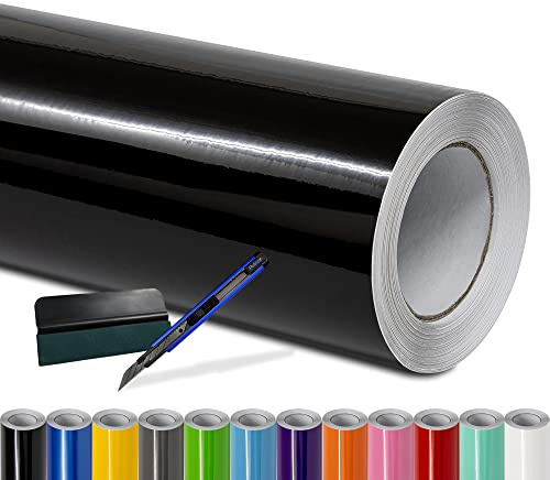 Folindo Autofolie Schwarz Glanz (23€/m²) - 50 x 152 cm - Selbstklebende Auto Lackschutzfolie mit Luftkanal Technik – Blasenfreie Auto Folierung inkl. Rakel & Cutter – Car Wrapping Folie