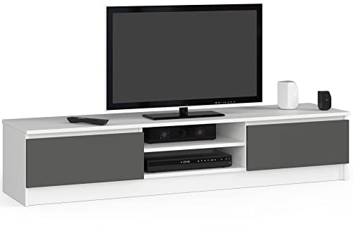 AKORD | Mobile per TV K 140 | Mobiletto Porta Televisione Soggiorno | un ripiano aperto | 2 Ripiani con Ante a Battente a Sinistra e a Destra | 33x160x40 cm | Peso 30 kg | Bianco/Grigio grafite