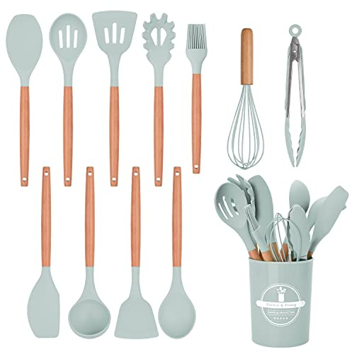 FIOUSY Kitchen Utensil Set, 12 PCS Silicone Cooking Utensils Set with Wooden Handle, Heat Resistant, Nonstick Cookware Tongs Spatula Spoon Set, Dishwasher Safe, Best Kitchen Tools (Green)