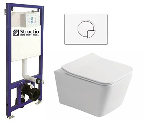 Set completo per WC senza bordi, sedile Soft Close, elemento a parete da incasso, cassetta di risciacquo a parete in ceramica, per WC a incasso, set ciotola bianco/nero + piastra a pressione (SD 1,