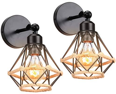 iDEGU Lot de 2 Appliques Murales Interieures Industrielle 16cm Luminaire Plafonnier E27 en Métal Design Cage Noir Réglable Lampe Murale Vintage pour Salon Cuisine Chambre (Corde de Chanvre, 2 Pièces)