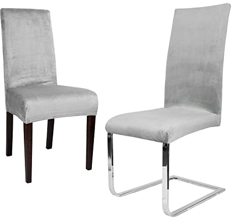 BEAUTEX Stuhlhussen Samt Stretch Stuhl & Schwingstuhl 2er Set Hellgrau LEA | 95% Polyester, 5% Elasthan, weiche Velours-Oberfläche, Rundum-Gummizug, 30 °C waschbar, faltenarm, formstabil & langlebig