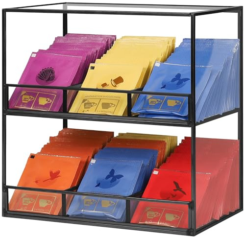 REDHUGO Glass Tea Bag Organizer for Counter, 2-Tier TeaBag Organizer Storage, Tea Holder for Tea Bags,Tea Caddy Tea Box Containers for Tea Bags,Tea Rack Teabag Station Stand for Cabinet Kitchen,Black
