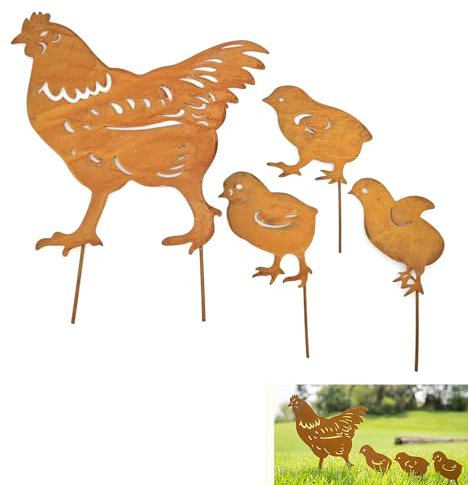 ZAHD 4 pezzi Spina da giardino per pollo Pollo Figura di Animale per Giardino Sagome di pollo in Metallo Pollo Arrugginiti Giardino Gallina Pollo Giardino Arte Decorativo per terrazza e da balcone (A)
