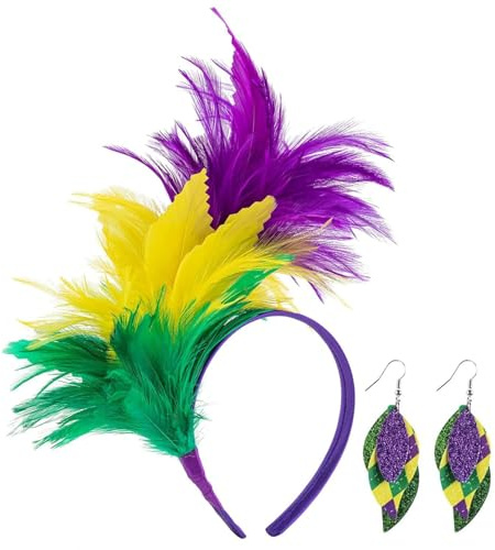 Sunwuun Bunte Feder-Haarbänder mit Ohrringen,Haarreif Set Fasching Damen,Papagei Kostüm Damen,Kopfschmuck Karneval,Bunte Federn Fascinator Damen,Karneval Party Kopfschmuck