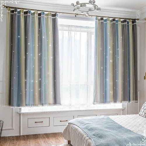 Homxi Blickdichter Vorhang Balkon 2er Set,2 x 86W x 214H cm,Vorhänge Blickdicht Jugendzimmer Grau Gelb Blau Doppellagig mit Farbverlauf Vorhang Küche Haken